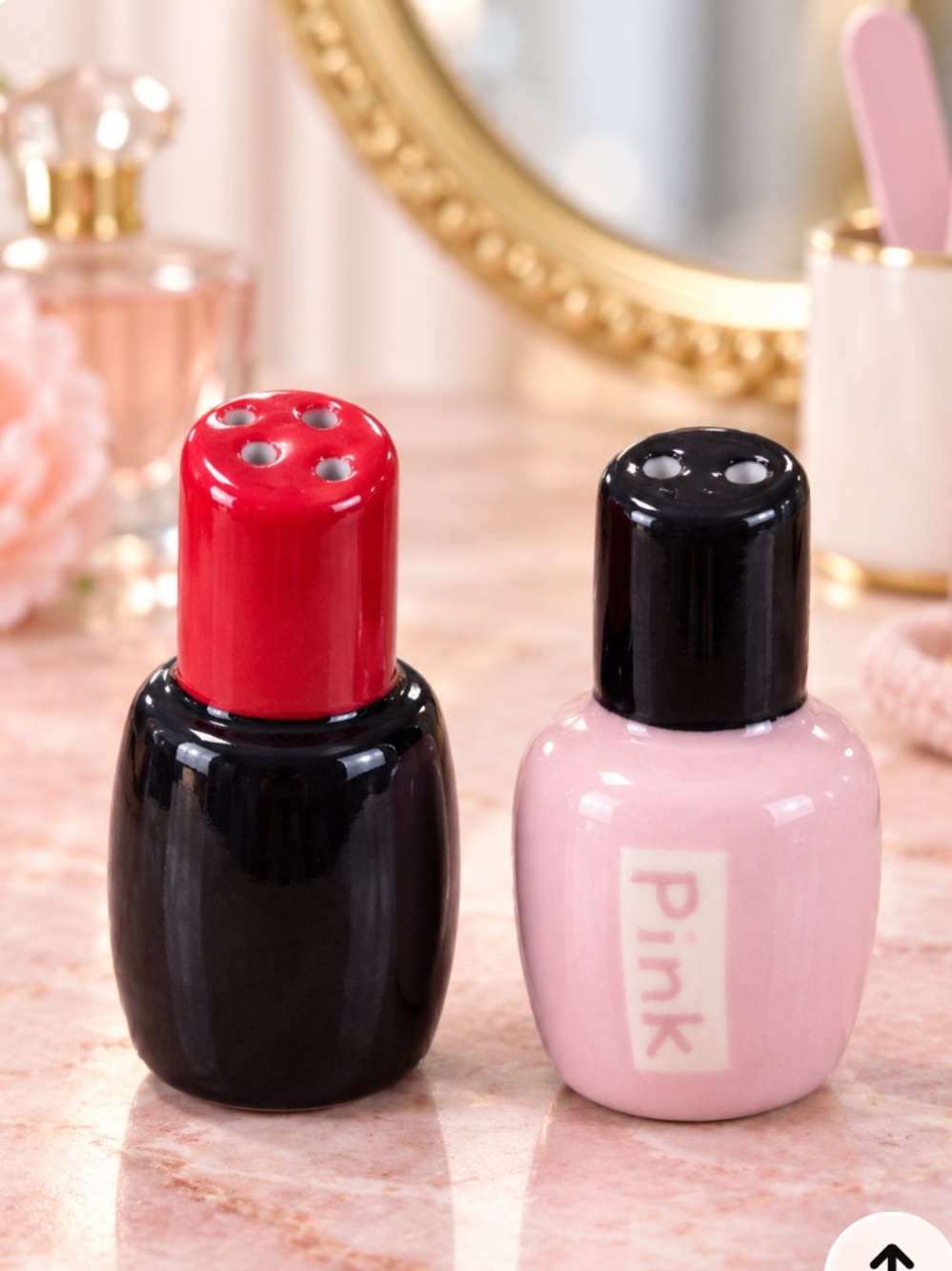 Cracker Barrel Mini Pink and Black Ceramic Nail Polish Bottle Pair